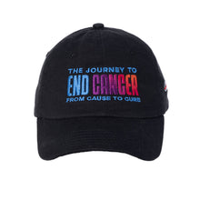 Black cap featuring the multicolor gradient tagline "The Journey to End Cancer from Cause to Cure".