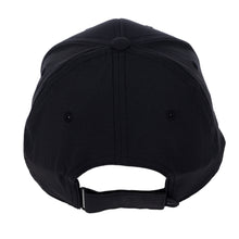 Back view of a black adjustable cap featuring an adjustable fabric strap with a hook-and-loop closure.