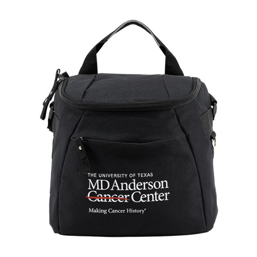 Black zippered thermal lunch bag featuring the white MD Anderson logo.
