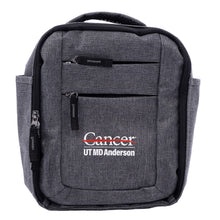 Cooler bag in charcoal featuring two zippered front pockets, side bottle pockets, a top carry handle, and the full white UT MD Anderson logo printed on the lower front pocket.