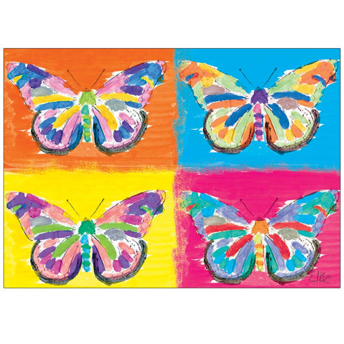 Four different blocks of color showcasing the same butterfly in different colors.