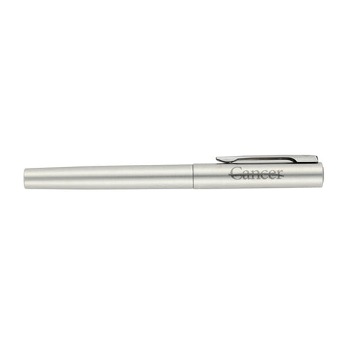 Silver Waterman ball point pen with the cancer strikethrough logo engraved on the top.