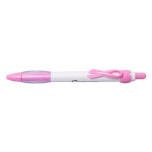 Pink and white pen featuring the black cancer strikethrough logo in the middle, and a pink ribbon clicker.