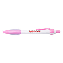 Pink and white pen featuring the black cancer strikethrough logo in the middle, and a pink ribbon clicker.