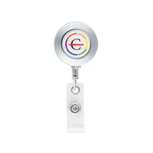 Metallic ID Badge holder featuring a strikethrough 'C' surrounded by a rainbow-colored circle.