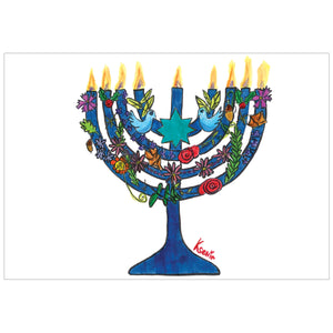 Hanukiah candelabra featuring the Star of David, doves, and flowers around it.