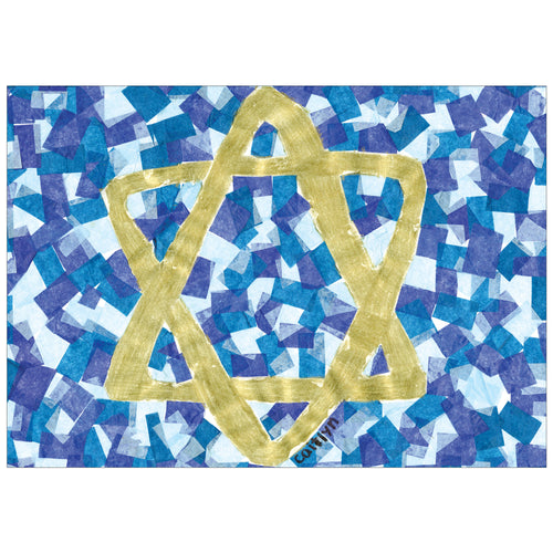 Card featuring the Star of David on gold with a blue mosaic background.