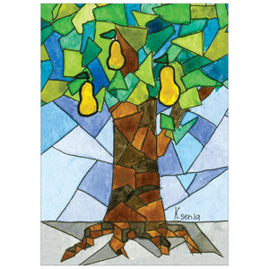Card featuring a pear tree in a mosaic design.