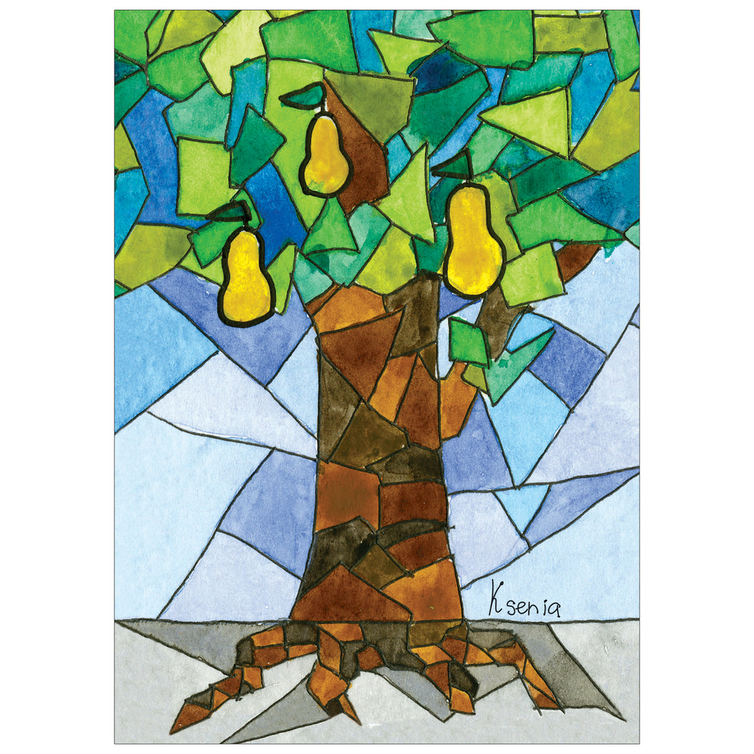 Card featuring a pear tree in a mosaic design.
