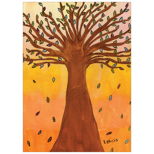Card featuring a fall tree illustration with falling leaves.