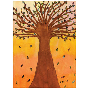 Card featuring a fall tree illustration with falling leaves.