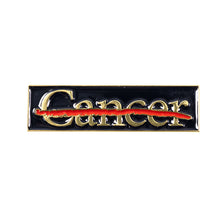 Metal black lapel pin engraved with the cancer strikethrough logo in gold.