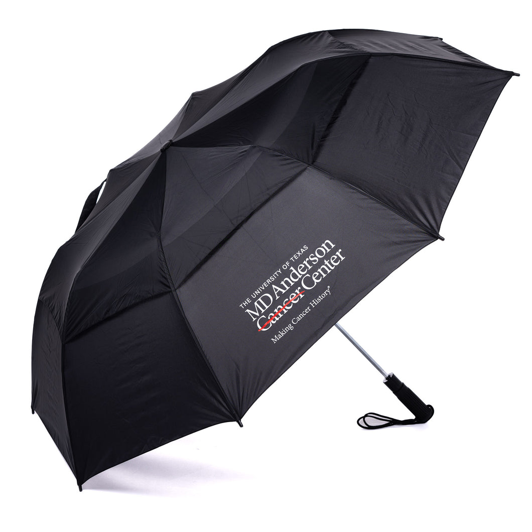 Black golf umbrella featuring the white MD Anderson logo.