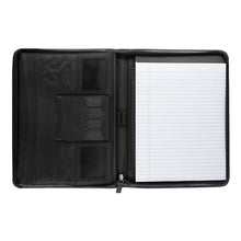 Open black Pedova padfolio featuring a lined paper note pad and business card holders..