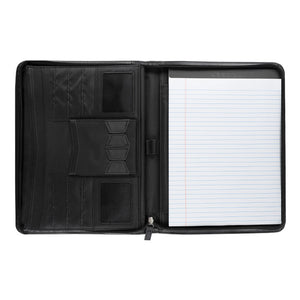 Open black Pedova padfolio featuring a lined paper note pad and business card holders..
