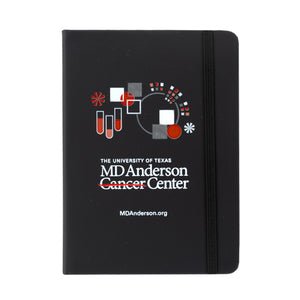 Black notebook featuring the research logo with the white MD Anderson logo displayed at the bottom.