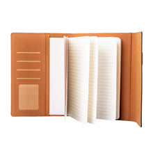 Open journal featuring the lined pages, and  ID and card holder pockets.