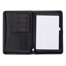 Inside view of the open black UltraHyde zippered padfolio showing card slots, organizing pockets, and a lined writing pad.