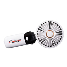 White portable fan featuring the black cancer strikethrough logo and battery display.