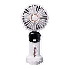 White portable fan featuring the black cancer strikethrough logo and battery display.