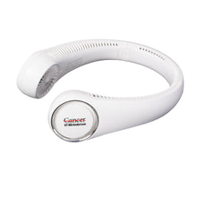 Portable neck fan in white with the power button featuring the full black UT MD Anderson logo on the side.