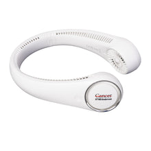 Portable neck fan in white with the power button featuring the full black UT MD Anderson logo on the side.