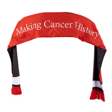 Soccer scarf view from both front and back. The back in red featuring the tagline "Making Cancer History" in white.