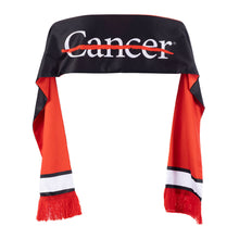 Soccer scarf view from both front and back. The front in all black featuring the white cancer strikethrough logo.