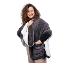 MD Anderson employee sporting the gray shawl blanket featuring two side pockets and the full white MD Anderson logo on the side pocket.