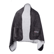 Gray shawl blanket featuring two side pockets and the full white MD Anderson logo on the side pocket.