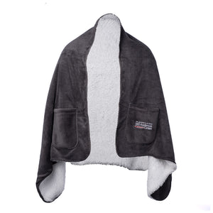 Gray shawl blanket featuring two side pockets and the full white MD Anderson logo on the side pocket.