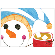 Card featuring a snowman illustration holding a hot chocolate mug with marshmallows.