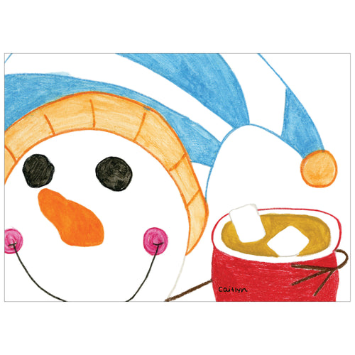 Card featuring a snowman illustration holding a hot chocolate mug with marshmallows.