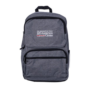 Gray backpack with two front pockets and a side seam for water bottles, featuring the full white MD Anderson logo in the top center.