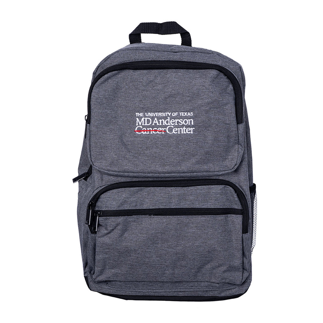 Gray backpack with two front pockets and a side seam for water bottles, featuring the full white MD Anderson logo in the top center.