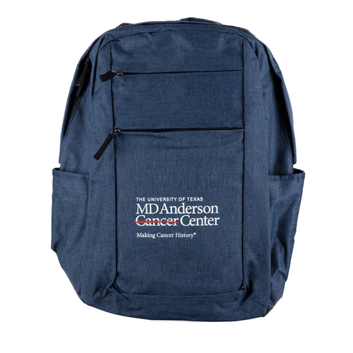Blue backpack with front zippers and side pockets featuring the full white MD Anderson logo on the front.