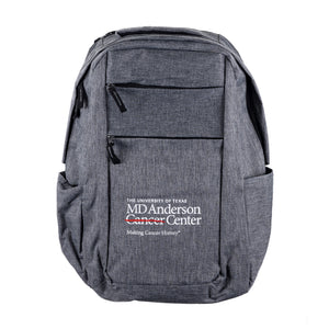 Gray backpack with front zippers and side pockets featuring the full white MD Anderson logo on the front.