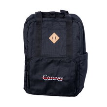 Black backpack featuring the white cancer strikethrough logo in the middle, with bottle pockets on the side and black straps.