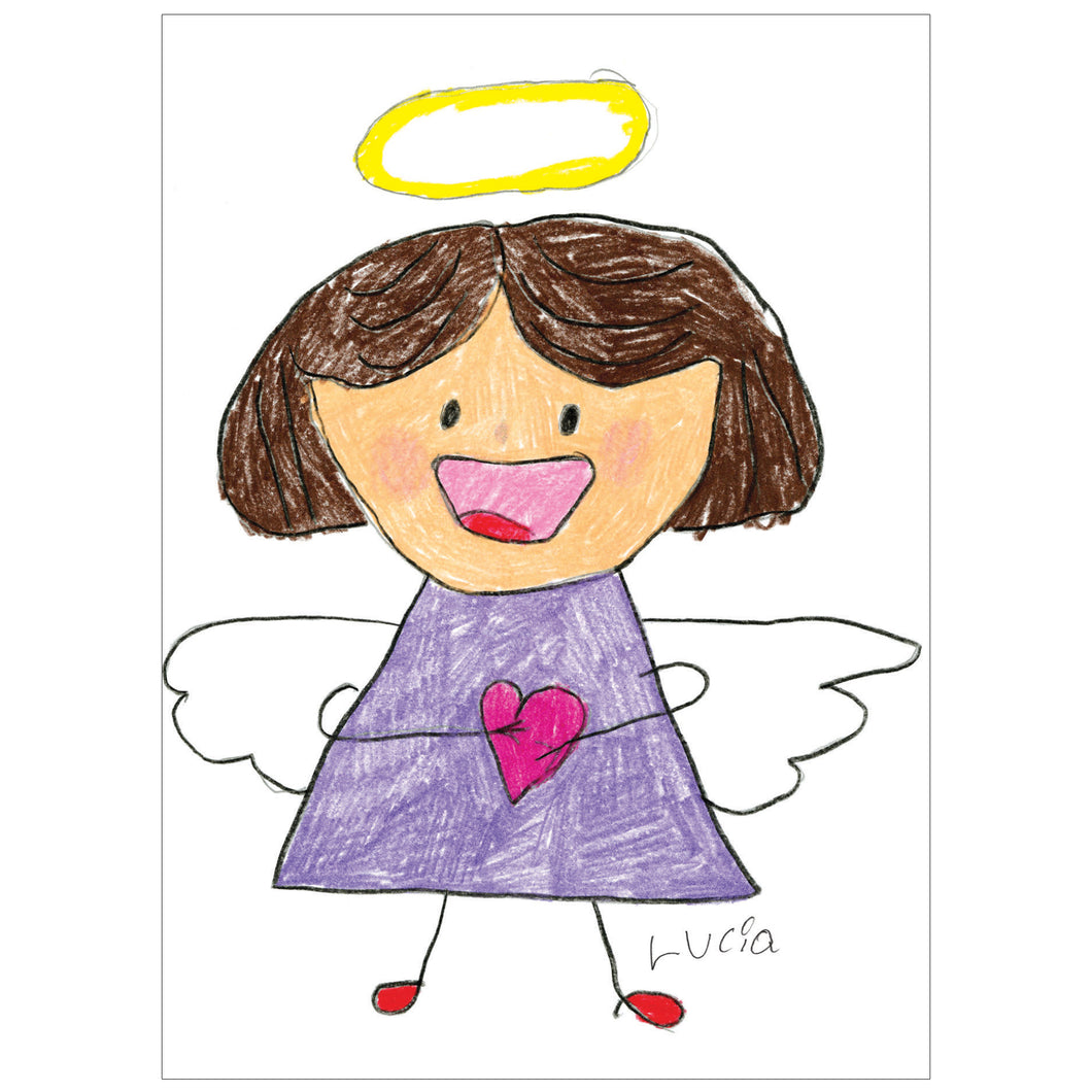 Card featuring an angel illustration with a purple dress, holding a heart.
