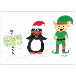 Card featuring an illustration of an elf and a penguin on the snow with a North Pole sign.