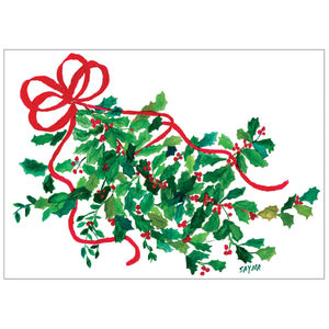 Card featuring an illustration of a Holly with a red bow around it.