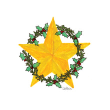 Card with an illustration of a golden star wrapped in a Christmas wreath with hollies.