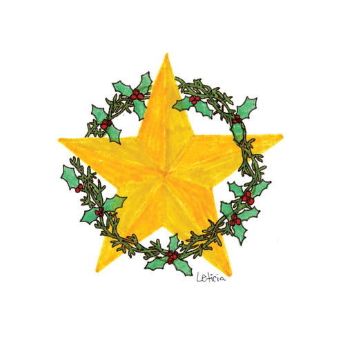 Card with an illustration of a golden star wrapped in a Christmas wreath with hollies.