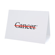 White notecard featuring the black cancer strikethrough logo in the middle.