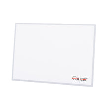 Cover of white notecard featuring the black cancer strikethrough logo in the bottom corner, along with one white envelope.