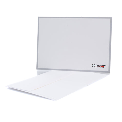White correspondence with gray border card featuring the black cancer strikethrough logo on the bottom corner and a white envelope.