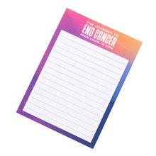 Notepad featuring lined white pages with a purple and blue gradient border and the white header text "The Journey to END CANCER From Cause to Cure".
