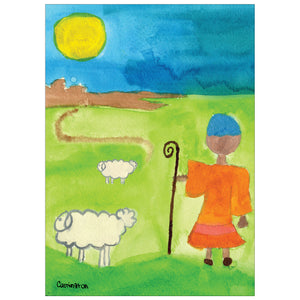 Card with an illustration of a shepherd boy on a field with holding a cane and whit sheep around him.