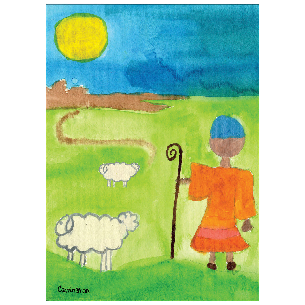 Card with an illustration of a shepherd boy on a field with holding a cane and whit sheep around him.