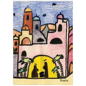 An illustration of the town of Bethlehem with vibrant colors and featuring the silhouette of the nativity scene.